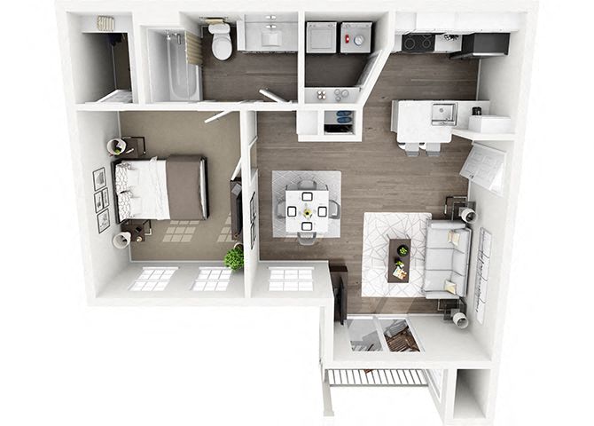 Floor plan for 1 bed, 1 bath, 723 sqft
